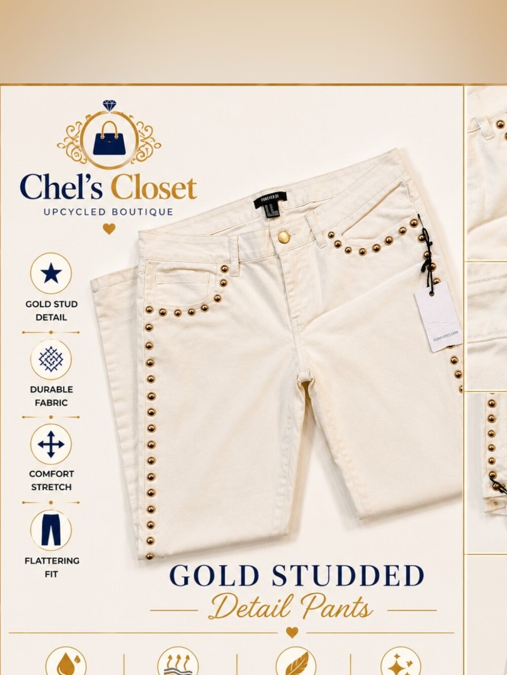 Forever 21 Cream Jeans with Gold Stud Accents